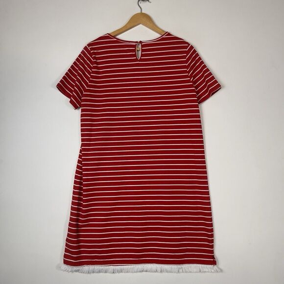 Beach Lunch Lounge Red White Stripe Fringe Hem Short Sleeve Dress Women's XL - Picture 3 of 6